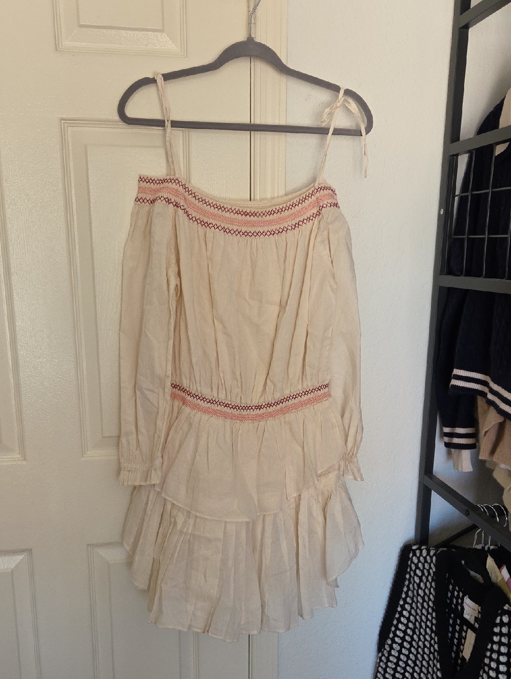 Love Shack Fancy Cream Tiered Off-Shoulder Dress with Red Embroidery Small